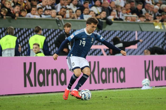 September 27, 2026 Men s Soccer 2026–2027 UEFA Nations League Matchday 2 Germany vs. Greece WWK Arena, Augsburg Konstantinos Karetsas (Greece), 19, in blue with the ball, Augsburg, Bavaria, Germany