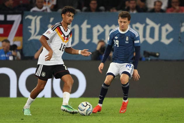 September 27, 2026, Soccer, Men s, 2027 UEFA Nations League, Germany vs. Greece, Nathaniel Brown (Germany), Konstantinos Karetsas (Greece), Augsburg WWK Arena, Bavaria, Germany, DEU Copyright: xSebastianxBachx