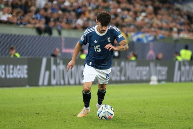 September 27, 2026 Men s Soccer 2026–2027 UEFA Nations League Matchday 2 Germany vs. Greece WWK Arena, Augsburg Thanasis Androutsos (Greece, No. 15, in blue) delivers a cross to Augsburg, Bavaria, Germany