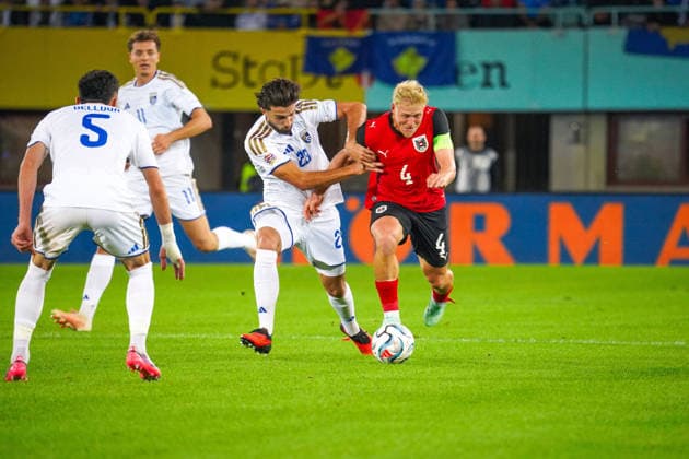 Soccer: Austria National Team, UEFA Nations League 2026–2027, League B, Group B3, Matchday 2, September 27, 2026: Austria (ÖFB) vs. Kosovo (FFK), Ernst Happel Stadium, Vienna, Austria; Xaver Schlager (Austria), 4; Leon Avdullahu (Kosovo), 23 Copyright: xLukasxBierederx