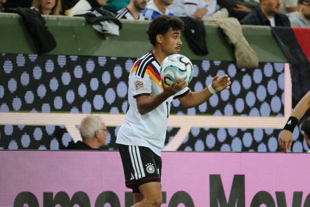 September 27, 2026 Men s Soccer 2026–2027 UEFA Nations League Matchday 2 Germany vs. Greece WWK Arena, Augsburg Nathaniel Brown (Germany, 18) takes a throw-in in Augsburg, Bavaria, Germany