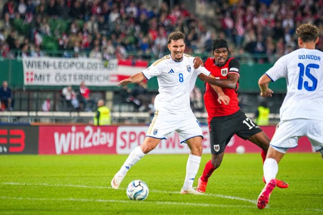 Soccer: Austria National Team, UEFA Nations League 2026–2027, League B, Group B3, Matchday 2, September 27, 2026, Austria (ÖFB) vs. Kosovo (FFK), Ernst Happel Stadium, Vienna, Austria; Valmir Matoshi (Kosovo), 8; Carney Chukwuemeka (Austria), 17 Copyright: xLukasxBierederx