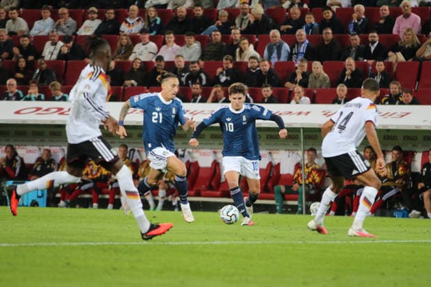 September 27, 2026 Men s Soccer 2026–2027 UEFA Nations League Matchday 2 Germany vs. Greece WWK Arena, Augsburg Christos Tzolis (Greece), No. 10, in blue with the ball, Augsburg, Bavaria, Germany