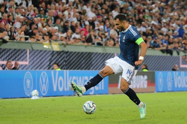 September 27, 2026 Men s Soccer 2026–2027 UEFA Nations League Matchday 2 Germany vs. Greece WWK Arena, Augsburg Vangelis Pavlidis (Greece), 14, in blue with the ball, Augsburg, Bavaria, Germany