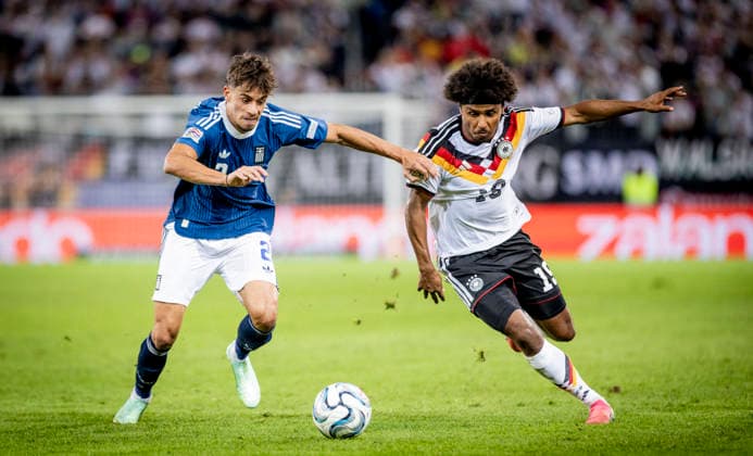 Augsburg, Germany, September 27, 2026 Georgios Vagiannidis (GRE) Karim Adeyemi (GER) Germany Greece Deutschland Griechenland September 27, 2026