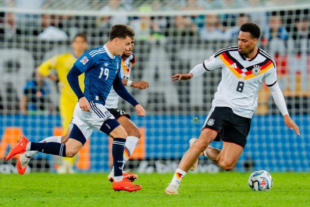 Nations League, Group A, Matchday 2, Germany vs. Greece on September 27, 2026, at the WWK Arena in Augsburg: Konstantinos Karetsas, Felix Nmecha, Germany Copyright: xBahhoxKarax