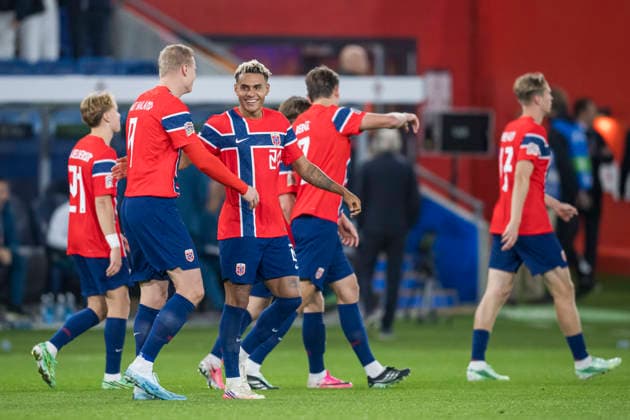 September 27, 2026: Erling Braut Haaland and Antonio Nusa of Norway celebrate after the score was tied 1–1 during the Nations League soccer match between Norway and Portugal on September 27, 2026 in Oslo. Photo by Marius Simensen, BILDBYRAN COP 238 VG1010 bbeng soccer football fotball Nations League international match Norway Portugal celebration  Copyright: MARIUSxSIMENSEN BB260927ZJ047