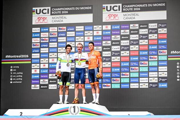 Australian Michael Matthews; American Brandon McNulty and Dutch Mathieu van der Poel pictured on the podium after the elite men Road Race race (273,7 km) at the cycling World Championship, WM, Weltmeisterschaft in Montreal, Canada, Sunday 27 September 2026. The UCI road world championships are taking place from 20 to 27 September, in Montreal, Canada. JASPERxJACOBS  x188014581x