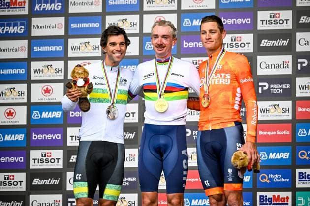 Australian Michael Matthews; American Brandon McNulty and Dutch Mathieu van der Poel pictured on the podium after the elite men Road Race race (273,7 km) at the cycling World Championship, WM, Weltmeisterschaft in Montreal, Canada, Sunday 27 September 2026. The UCI road world championships are taking place from 20 to 27 September, in Montreal, Canada. JASPERxJACOBS  x188014586x