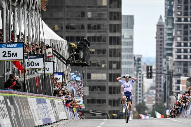 American Brandon McNulty celebrates as he crosses the finish line to win the elite men Road Race race (273,7 km) at the cycling World Championship, WM, Weltmeisterschaft in Montreal, Canada, Sunday 27 September 2026. The UCI road world championships are taking place from 20 to 27 September, in Montreal, Canada. JASPERxJACOBS  x188015056x
