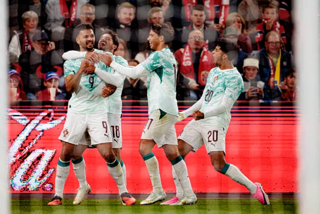 Goncalo Ramos and players of Portugal seen celebrating after scoring goal during UEFA Nations League Division A game between National Teams of Norway and Portugal (Maciej Rogowski Ball Raw Images) Oslo Ullevaal Stadion Norway Copyright: xMaciejxRogowskix maciejrogowski_norway_portugal_2627_3-32