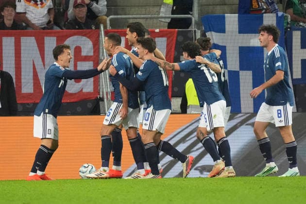 celebrate the goal, goal celebration for the 0-1 by Dimitris Kourbelis, Greece, Augsburg, September 27, 2026, Germany vs. Greece, UEFA Nations League, WWK Arena, Matchday 2