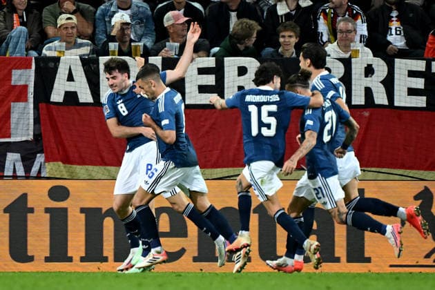 September 27, 2026, xemx, Soccer UEFA Nations League, Germany vs. Greece, goal celebration after Dimitrios Kourbelis scored the 0-1 goal for Greece in Augsburg