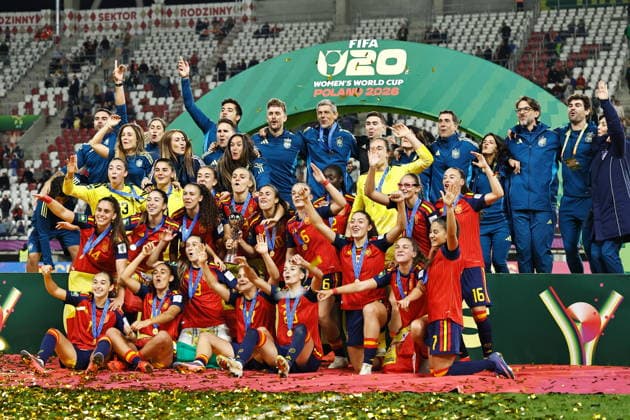 U20 Spain team group, Mannschaftsbild, Totale (ESP), SEPTEMBER 27, 2026 - Football Soccer : U20 Spain team group celebrate on the podium after winning FIFA U-20 Women s World Cup Poland 2026 Final match between Under-20 Spain - Under-20 DPR Korea at the Stadion Miejski LKS Lodz in Lodz, Poland. Noxthirdxpartyxsales  aflo_351471542 MutsuxKawamorix