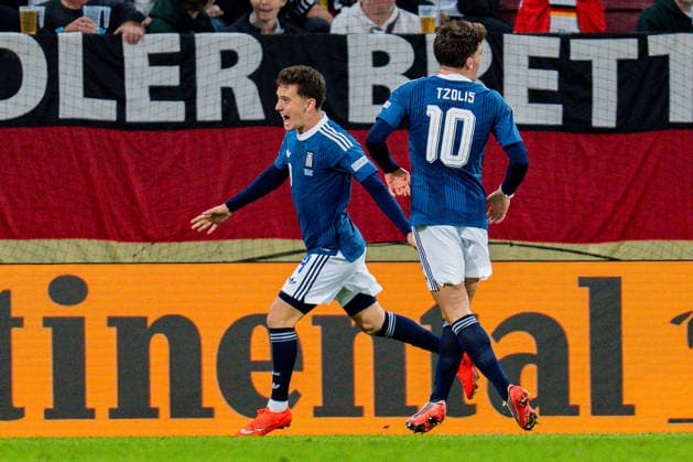 Nations League, Group A, Matchday 2, Germany vs. Greece on September 27, 2026, at the WWK Arena in Augsburg. Goal to make it 0–1 by Dimitrios Kourbelis, Konstantinos Karetsas, and Christos Tzolis. Copyright: xBahhoxKarax
