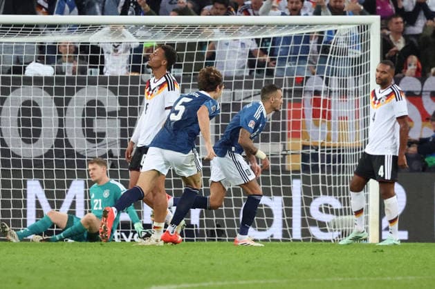 September 27, 2026, xrekx, Soccer UEFA Nations League, Germany vs. Greece: Goal celebration after Dimitrios Kourbelis scores the 0-1 goal for Greece; Alexander Nübel (Germany), Felix Nmecha (Germany), and Jonathan Tah (Germany) look disappointed, dejected, and downcast; Augsburg