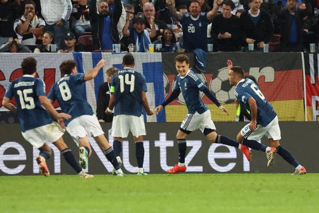 September 27, 2026, xrekx, Soccer, UEFA Nations League, Germany vs. Greece, Goal celebration after Dimitrios Kourbelis scored the 0-1 goal for Greece in Augsburg