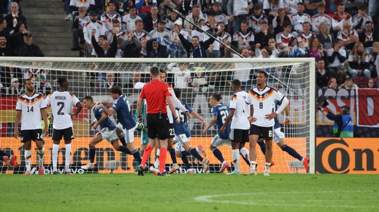 September 27, 2026, xrekx, Soccer, UEFA Nations League, Germany vs. Greece, Goal celebration after Dimitrios Kourbelis scored Greece s first goal, 0-1, in Augsburg