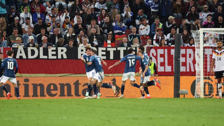 September 27, 2026, xrekx, Soccer UEFA Nations League, Germany vs. Greece, goal celebration after Dimitrios Kourbelis scored the 0-1 goal for Greece in Augsburg