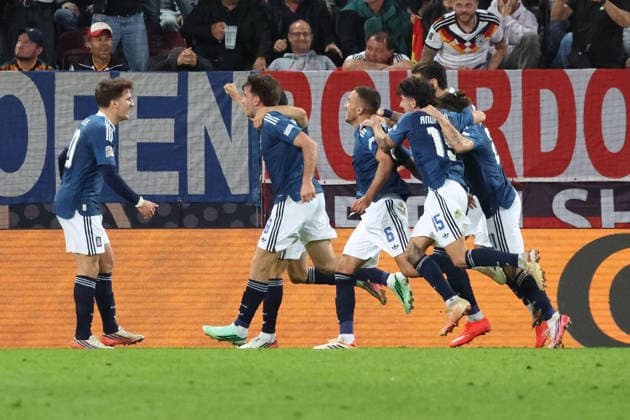 September 27, 2026, xrekx, Soccer UEFA Nations League, Germany vs. Greece, goal celebration after Dimitrios Kourbelis scored the 0-1 goal for Greece in Augsburg