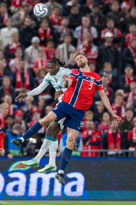 September 27, 2026: Rafael Leao of Portugal and Kristoffer Ajer of Norway during the Nations League soccer match between Norway and Portugal on September 27, 2026 in Oslo. Photo by Vegard Grott, BILDBYRAN, code VG VG1010 bbeng soccer football fotball Nations League international match Norway Portugal  Copyright: VEGARDxGRoTT BB260927VG076