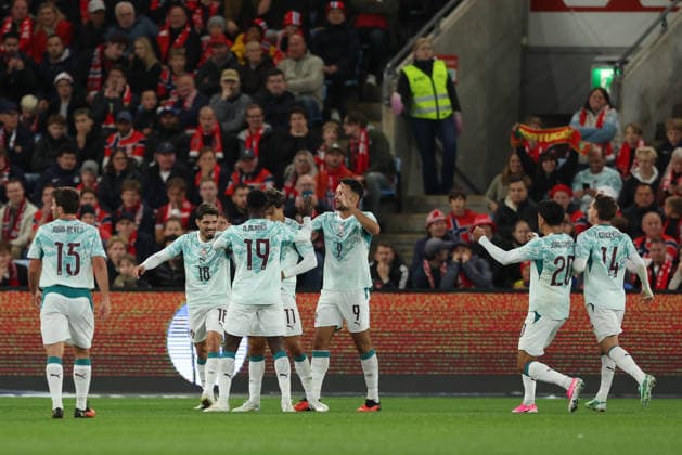 Oslo 27 September 2026: Players of Portugal national team, Nationalteam celebrate the first goal scored by Joao Felix during the UEFA Nations League match between Norway and Portugal at Ullevaal Stadion on September 27, 2026 in Oslo, Norway. Norway national team vs. Portugal national team - UEFA Nations League 2026 2027 Copyright: xx