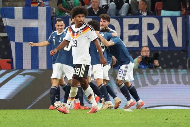 September 27, 2026, xrekx, Soccer UEFA Nations League, Germany vs. Greece, goal celebration after Dimitrios Kourbelis scores Greece 0–1, Karim Adeyemi Germany looks disappointed, dejected, Augsburg