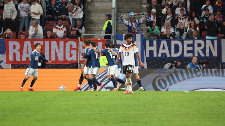 September 27, 2026, xrekx, Soccer UEFA Nations League, Germany vs. Greece, goal celebration after Dimitrios Kourbelis scores Greece 0–1, Karim Adeyemi Germany looks disappointed, dejected, Augsburg