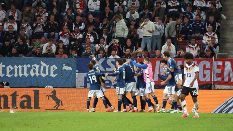 September 27, 2026, xrekx, Soccer UEFA Nations League, Germany vs. Greece, goal celebration after Dimitrios Kourbelis scored the 0-1 goal for Greece in Augsburg
