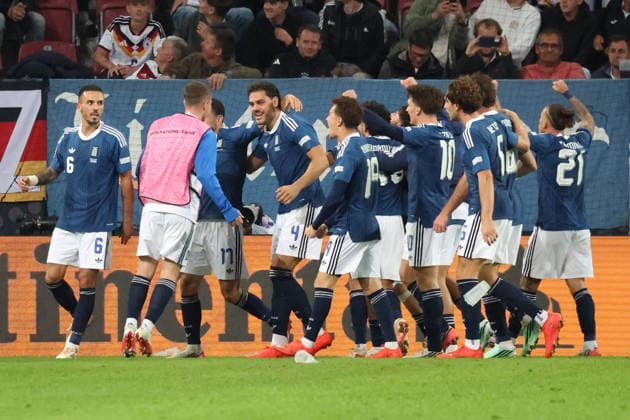 September 27, 2026, xrekx, Soccer UEFA Nations League, Germany vs. Greece, goal celebration after Dimitrios Kourbelis scored the 0-1 goal for Greece in Augsburg
