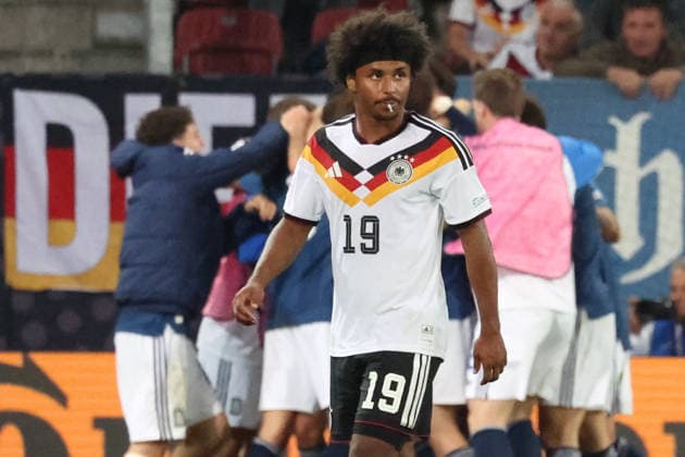 September 27, 2026, xrekx, Soccer UEFA Nations League, Germany vs. Greece, goal celebration after Dimitrios Kourbelis scores the 0–1 goal for Greece; Karim Adeyemi of Germany looks disappointed, dejected, and downcast; Augsburg