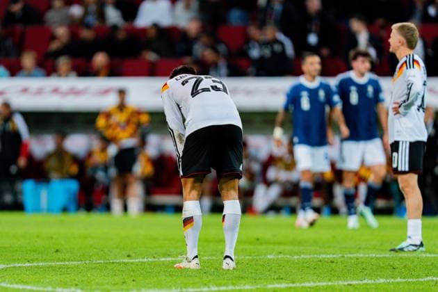 Nations League, Group A, Matchday 2, Germany vs. Greece on September 27, 2026, at the WWK Arena in Augsburg. Younes Ebnoutalib: Germany disappointed after the final whistle Copyright: xBahhoxKarax