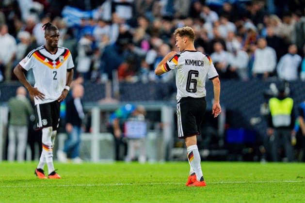 Nations League, Group A, Matchday 2, Germany vs. Greece on September 27, 2026, at the WWK Arena in Augsburg. Yann Aurel Bisseck (Germany) and Joshua Kimmich (Germany) look disappointed after the final whistle. Copyright: xBahhoxKarax