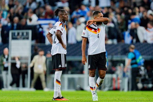 Nations League, Group A, Matchday 2, Germany vs. Greece on September 27, 2026, at the WWK Arena in Augsburg. Yann Aurel Bisseck (Germany) and Jonathan Tah (Germany) looked disappointed after the final whistle. Copyright: xBahhoxKarax