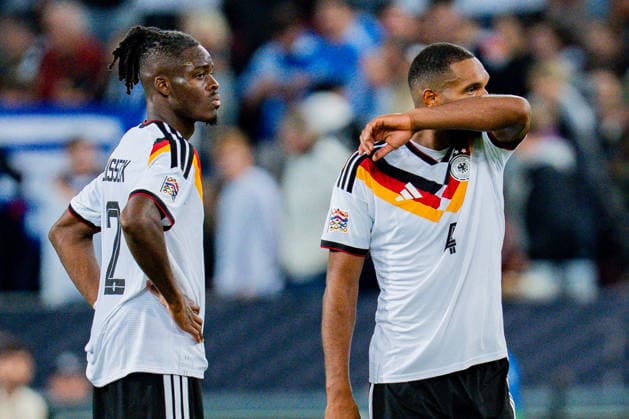 Nations League, Group A, Matchday 2, Germany vs. Greece on September 27, 2026, at the WWK Arena in Augsburg. Yann Aurel Bisseck (Germany) and Jonathan Tah (Germany) were disappointed after the final whistle. Copyright: xBahhoxKarax