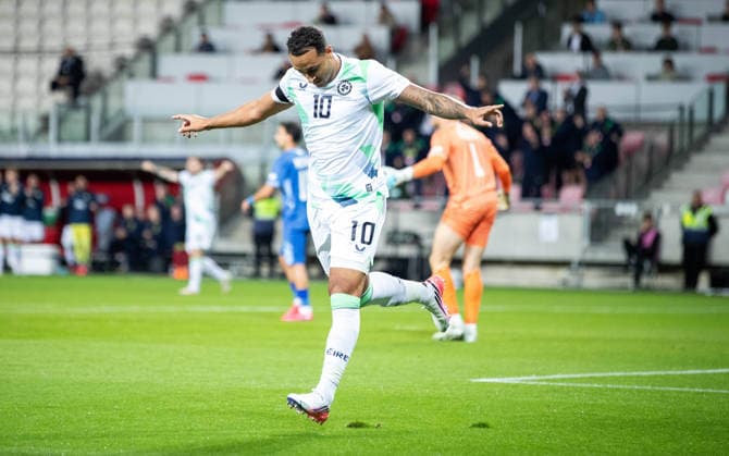 UEFA Nations League Group Stage, Nagyerdei Stadion, Debrecen, Hungary 27 9 2026 Israel vs Republic of Ireland Ireland s Adam Idah celebrates after scoring his sides secong goal of the match Adam Idah celebrates after scoring his sides secong goal of the match 27 9 2026  Copyright: xNikolaxKrsticx _NIK6374 copy