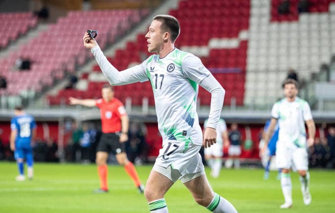 UEFA Nations League Group Stage, Nagyerdei Stadion, Debrecen, Hungary 27 9 2026 Israel vs Republic of Ireland Ireland s Jack Moylan celebrates after scoring his sides third goal of the match Jack Moylan celebrates after scoring his sides third goal of the match 27 9 2026  Copyright: xNikolaxKrsticx _NIK6439 copy
