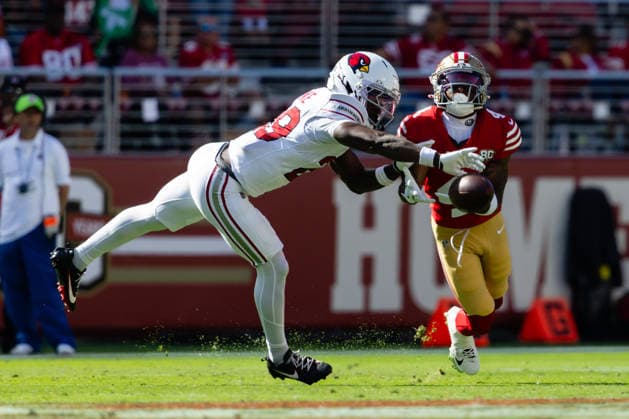 SANTA CLARA, CA - SEPTEMBER 27: Denzel Burke 29 of the Arizona Cardinals blocks a pass from Jacob Cowing 4 of the San Francisco 49ers during an NFL, American Football Herren, USA game on September 27, 2026 at Levi s Stadium in Santa Clara, CA. (Photo by Matthew Huang Icon Sportswire) NFL: SEP 27 Cardinals at 49ers EDITORIAL USE ONLY Icon260927030