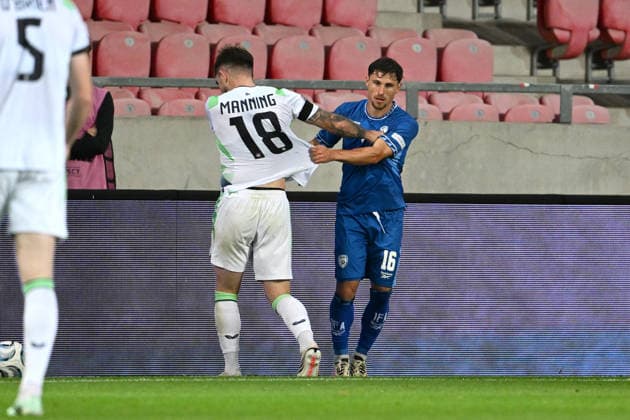 SOCCER - UEFA Nations League - Israel vs. Republic of Ireland Photo by IPA ABACAPRESS.COM89046709 - Ryan Manning (Ireland) vs. Gavriel Kanichowsky (Israel) during the Nations League phase, Matchday 2 between Israel and Ireland on September 27, 2026, at the Puskas Arena in Budapest, Hungary Debrecen Hungary  Copyright: xIPAxSport ABACAx