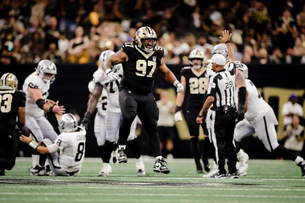 NEW ORLEANS, LA - SEPTEMBER 27: Khristian Boyd 97 of the New Orleans Saints celebrates after a sacking Kirk Cousins 8 of the Las Vegas Raiders during the first half of an NFL, American Football Herren, USA game on September 27. 2026, at Caesars Superdome in New Orleans, Louisiana. (Photo by Derick Hingle Icon Sportswire) NFL: SEP 27 Raiders at Saints EDITORIAL USE ONLY Icon12626927030