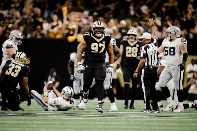 NEW ORLEANS, LA - SEPTEMBER 27: Khristian Boyd 97 of the New Orleans Saints celebrates after a sacking Kirk Cousins 8 of the Las Vegas Raiders during the first half of an NFL, American Football Herren, USA game on September 27. 2026, at Caesars Superdome in New Orleans, Louisiana. (Photo by Derick Hingle Icon Sportswire) NFL: SEP 27 Raiders at Saints EDITORIAL USE ONLY Icon12626927029
