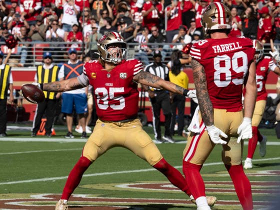 San Francisco 49ers tight end George Kittle (85) spikes the ball after a 10 yard touchdown pass from Brock Purdy in the tfourth quarter against the Arizona Cardinals at Levi s Stadium in Santa Clara, California on Sunday, September 27, 2026. The 49ers defeated the Cardinals 36 to 30.  SXP2026092717 TerryxSchmitt