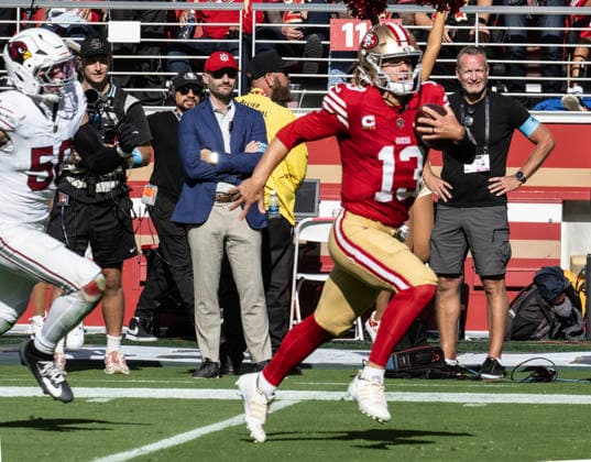 San Francisco 49ers quarterback Brock Purdy (13) runs down the sidelines for 45 yards only to have the run nullified by a holding call in the fourth quarter against the Arizona Cardinals at Levi s Stadium in Santa Clara, California on Sunday, September 27, 2026. The 49ers defeated the Cardinals 36 to 30. Photo0 by Terry Schmitt UPI  SXP2026092719 TerryxSchmitt