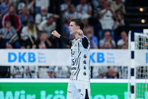Goal celebration by Domen Makuc, THW Kiel, 35 GER, THW Kiel vs. SG Flensburg Handewitt, Handball, 1st Bundesliga, Matchday 6, 2026–2027 Season, September 26, 2026, Germany, THW Kiel vs. SG Flensburg Handewitt, Handball, Bundesliga 1, Matchday 6, 2026–2027 season, September 26, 2026, Kiel Copyright: xEibner-Pressefoto MarcelxvonxFehrnx EP_MFN