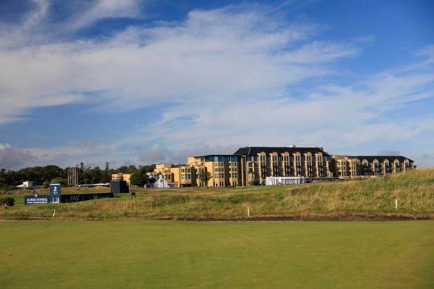 28th September 2026; The Old Course, St Andrews Links, St Andrews, Scotland; DP World Tour Golf, Alfred Dunhill Links Championship, Practice Day; The Old Course Hotel and second tee during a practice round DavidxYoung