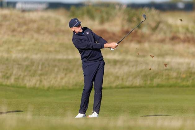 28th September 2026; The Old Course, St Andrews Links, St Andrews, Scotland; DP World Tour Golf, Alfred Dunhill Links Championship, Practice Day; Ian Poulter of England chips to the fourteenth green during a practice round DavidxYoung