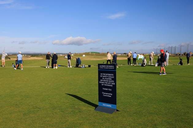 28th September 2026; The Old Course, St Andrews Links, St Andrews, Scotland; DP World Tour Golf, Alfred Dunhill Links Championship, Practice Day; Signage on the practice ground during a practice round DavidxYoung
