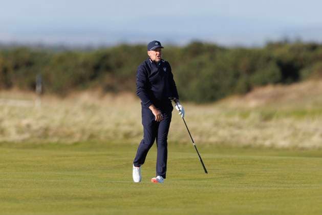 28th September 2026; The Old Course, St Andrews Links, St Andrews, Scotland; DP World Tour Golf, Alfred Dunhill Links Championship, Practice Day; Ian Poulter of England reacts to his a shot from the fairway on the fourteenth hole during a practice round DavidxYoung
