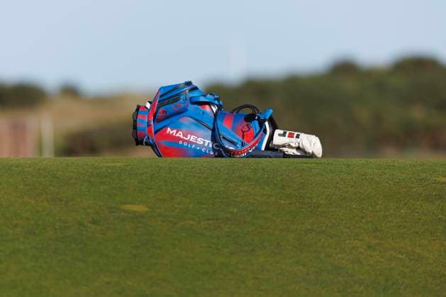 28th September 2026; The Old Course, St Andrews Links, St Andrews, Scotland; DP World Tour Golf, Alfred Dunhill Links Championship, Practice Day; The golf bag of Ian Poulter of England showing the branding of his Majesticks team on the LIV golf circuit DavidxYoung