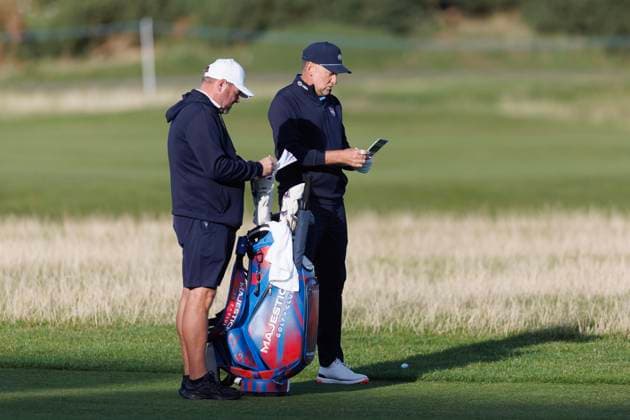 28th September 2026; The Old Course, St Andrews Links, St Andrews, Scotland; DP World Tour Golf, Alfred Dunhill Links Championship, Practice Day; Ian Poulter of England checks his yardage rom the rough on the seventeenth hole during a practice round DavidxYoung